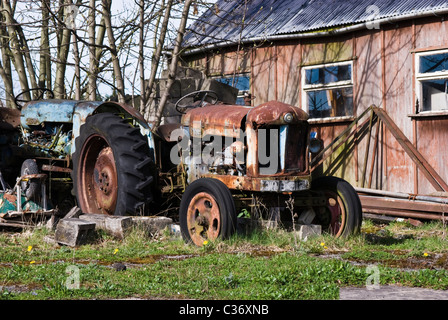Coppia di vecchi vintage Fordson Major rusty trattori agricoli Foto Stock
