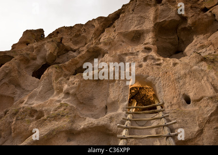 Scaletta in legno che conduce all'astragalo case, Native American cliff abitazione a Bandelier National Monument in New Mexico, negli Stati Uniti. Foto Stock