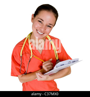 Ritratto di giovane infermiere azienda patient chart Foto Stock