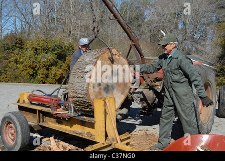 Gli uomini splitting registri su un spaccalegna per legna da ardere. Foto Stock