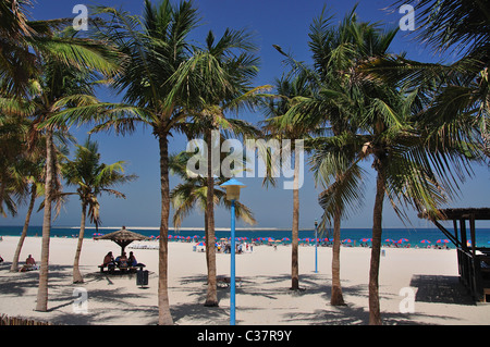 Vista della spiaggia, il Jumeirah Beach Park, Jumeirah, Dubai, Emirati Arabi Uniti Foto Stock