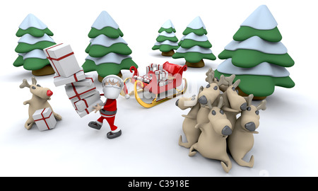 3D render di Babbo Natale e regali Foto Stock