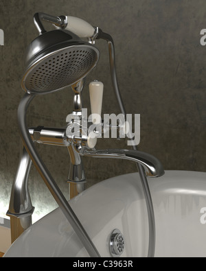 3D render di classico roll top bagno e rubinetti con doccia attatchment in interni contemporanei Foto Stock