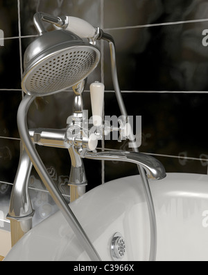 3D render di classico roll top bagno e rubinetti con doccia attatchment in interni contemporanei Foto Stock