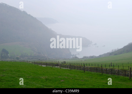 Il North Devon costa al Lee Abbey vicino a Lynton e Lynmouth. In Inghilterra. Misty meteo Foto Stock