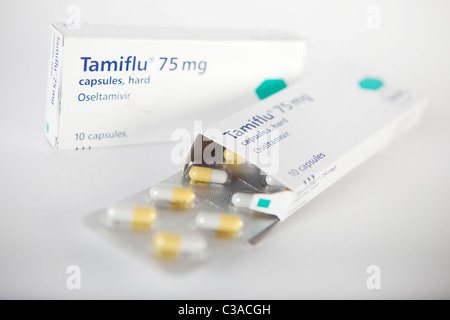 Immagine illustrativa di una scatola di Tamiflu e compresse. Foto Stock