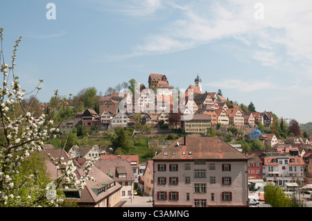 Vista Cityscape Altensteig, Foresta Nera, Baden-Wuerttemberg, Germania Foto Stock