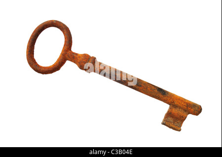 Vecchia chiave arrugginito isolato su sfondo bianco. Percorso di clipping incluso Foto Stock