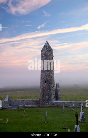 Dawn mist intorno al tempio e Finghin round tower, Monastero di Clonmacnoise, nella contea di Offaly, Irlanda. Foto Stock