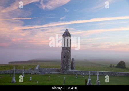 Dawn mist intorno al tempio e Finghin round tower, Monastero di Clonmacnoise, nella contea di Offaly, Irlanda. Foto Stock