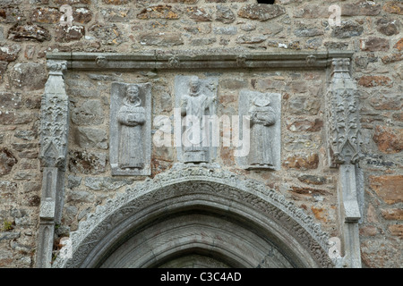 Sculture in pietra dei santi oltre la porta nord di Clonmacnoise cattedrale, nella contea di Offaly, Irlanda. Foto Stock