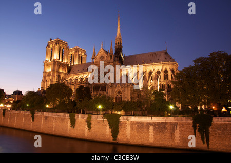 Cattedrale di Notre Dame, illuminata di notte. Un capolavoro gotico sulle rive della Senna nel cuore della capitale francese. Parigi, Francia. Foto Stock