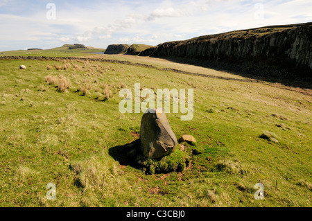 Il Vallo di Adriano (sulla parte superiore della cresta)dall'acciaio Rigg guardando verso est in direzione di Housesteads Roman Fort, Northumberland, England, Regno Unito Foto Stock