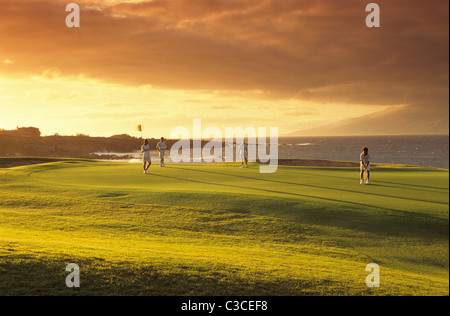 Gli amanti del golf sul green a Maui Resort di Kapalua Bay corso #5. Golfista maschio mettendo al tramonto. Molokai in distanza. Foto Stock