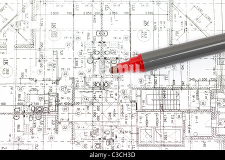 Sfondo di disegni di architettura e un marcatore Foto Stock