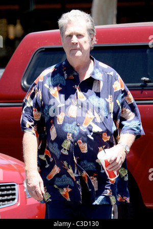 Brian Wilson ex frontman dei Beach Boys lasciando un deli in Hollywood indossando un stile hawaiano shirt Los Angeles, Foto Stock