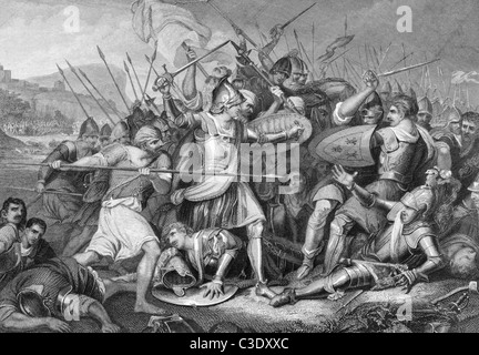 Battaglia di Agincourt nel 1415 su incisione dal 1800s. Grande vittoria inglese contro un numericamente superiori esercito francese. Foto Stock