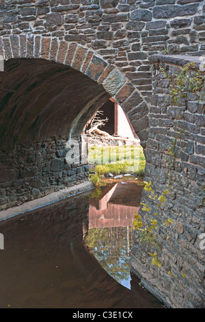 Immagine hdr di riflessioni in Bull Run Creek attraverso un arco di lo storico ponte di pietra sul Manassas National Battlefield. Foto Stock