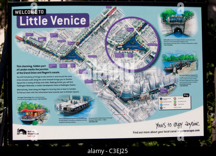 Un segno mappa di Little Venice, Regent's Canal, REGNO UNITO Foto Stock
