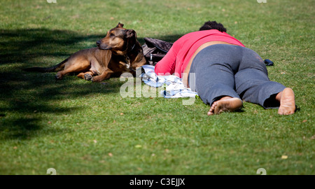 Donna obesa sdraiata sull'erba accanto al suo cane da compagnia vigile, Londra, Inghilterra, Regno Unito. Foto Stock