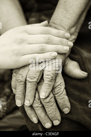 Vecchi e giovani mani. Le mani della vecchia donna - 84 anni coperti con giovani mani Foto Stock