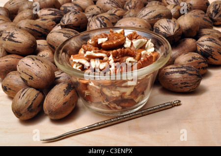 Un piccolo intestino di noci pecan sgusciate e una manciata di senza guscio di noci pecan. Foto Stock