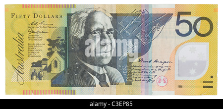 Leggermente trasandato e utilizzato Australian $50 50 cinquanta dollari $ banconota denaro. Foto Stock