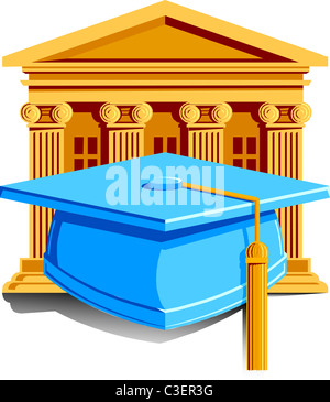 Illustrazione vettoriale di un cappuccio con infiorescenza staminifera di graduazione con la scuola in background. Foto Stock