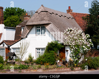 Cottage con il tetto di paglia nel villaggio di Finchingfield, Essex, Regno Unito Foto Stock