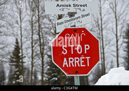 Segno di stop in francese, inglese e lingue Cree nella comunità Cree di Mistissini Nord del Québec in Canada Foto Stock