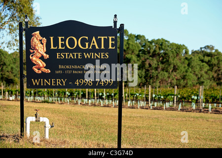 Ingresso segno di Leogate Vini del Podere, Pokolbin, la Hunter Valley, Nuovo Galles del Sud, Australia Foto Stock