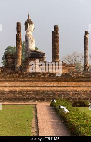 Seduto grande statua del Buddha al Wat Mahathat a Sukothai Parco Storico in Thailandia Foto Stock