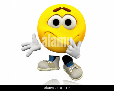 Smiley emoticon,. L'espressione del viso confuso espressione emotiva su una faccia di colore giallo con grandi occhi con scarpe. Foto Stock