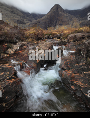 Pool di Fairy lungo Alt un cocco Mhadaidh sotto Sgurr un Fheadaih in Glen fragili sull'Isola di Skye in Scozia Foto Stock