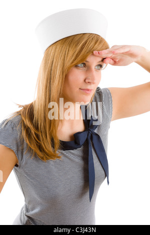 Giovane donna marine salutando navy outfit ritratto di moda Foto Stock