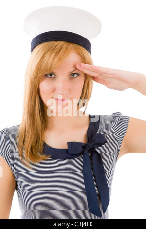 Giovane donna marine salutando navy vestito su bianco Foto Stock