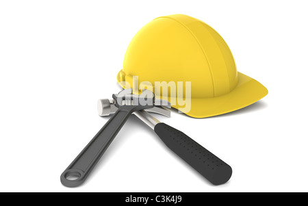 Elmetto e strumenti. Casco giallo con strumenti. Una chiave e un martello Foto Stock