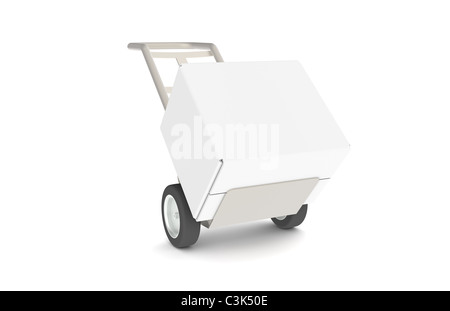 Carrello a mano . Carrello a mano con grande box, isolato su bianco. Parte della serie di magazzino. Foto Stock