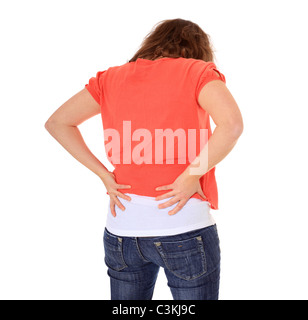 Giovane donna soffre di mal di schiena. Tutto su sfondo bianco. Foto Stock