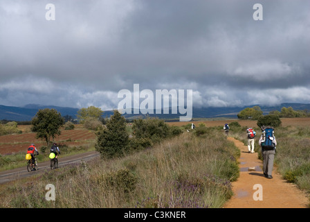 I camminatori lungo il percorso del pellegrinaggio, Camino de Santiago, Spagna settentrionale Foto Stock