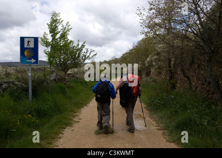 Gli escursionisti a piedi lungo il percorso del pellegrinaggio, Camino de Santiago, Spagna settentrionale Foto Stock