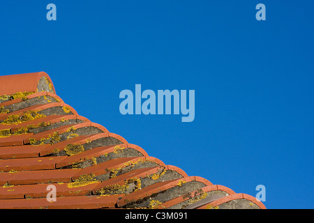 Tetto di tegole rosse e contro il cielo blu Foto Stock