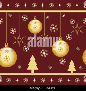 Natale seamless pattern con oro palle di Natale, stelle di fiocchi di neve e alberi di natale su sfondo scuro Foto Stock