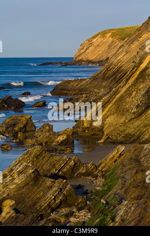 Rocce striate di roccia sedimentaria che mostra elevare, sulla costa a Gaviota Beach State Park, vicino a Santa Barbara in California Foto Stock