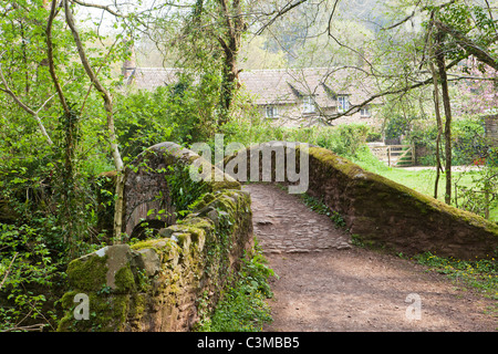 A pack horse bridge over Horner Water in the Exmoor village of Horner, Somerset, England UK Foto Stock