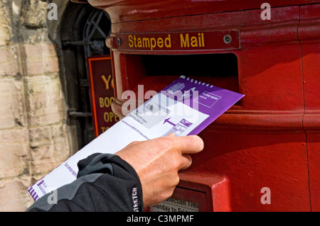 Primo piano di persona uomo distacco completato 2011 modulo sondaggio censimento moduli casella postale Inghilterra Regno Unito Regno Unito Gran Bretagna Foto Stock