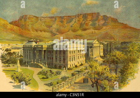 La Casa del Parlamento e la Table Mountain a Cape Town su incisione da 1890. Pubblicato in Cassell della storia dell'Inghilterra. Foto Stock