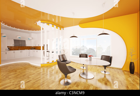 Il design degli interni della moderna sala da pranzo e cucina 3D render Foto Stock