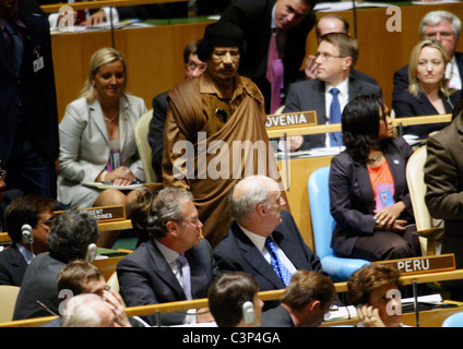 Il leader libico Colonnello Gadhafi assiste la 64a Assemblea Generale presso la sede delle Nazioni Unite il 23 settembre 2009 in nuovo Foto Stock