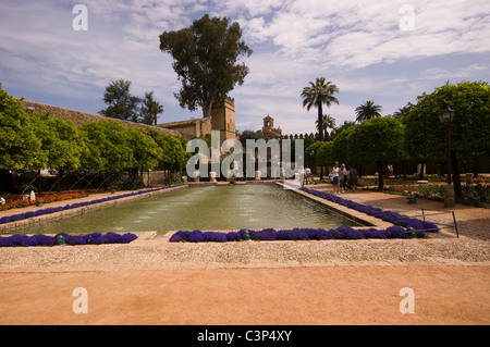 Bellissimi giardini floreali e fontane all'Alcazar di Cordoba Andalusia Spagna Foto Stock